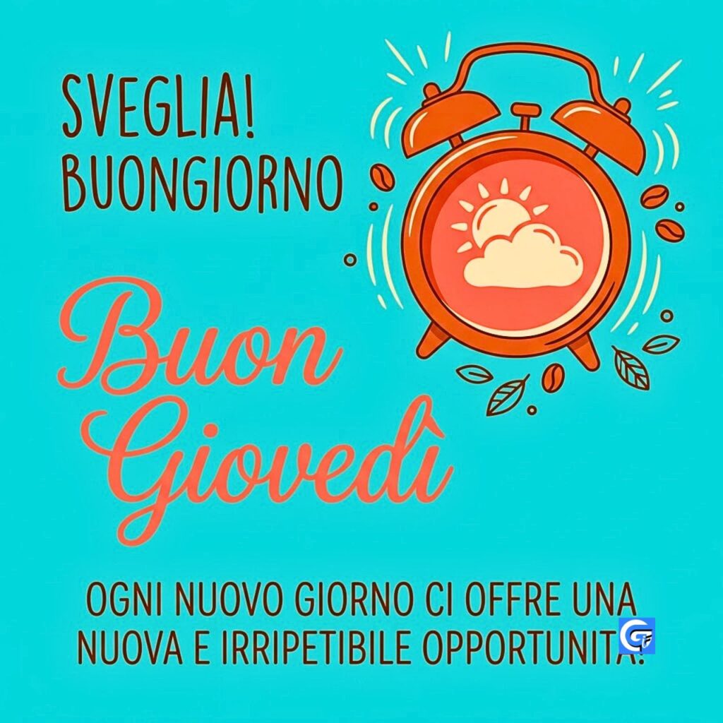 Sveglia a forma di orologio con latte art su sfondo teal e testo Buon Giovedì.