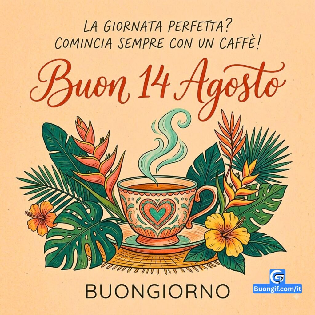 Tazza di caff&egrave; fumante tra foglie tropicali e ibisco con augurio Buon 14 Agosto.