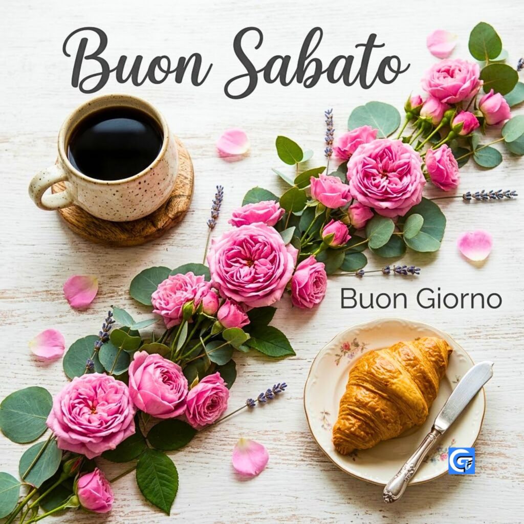 Tazzina di caff&egrave;, croissant dorato e composizione di rose rosa fresche con scritta Buon Sabato