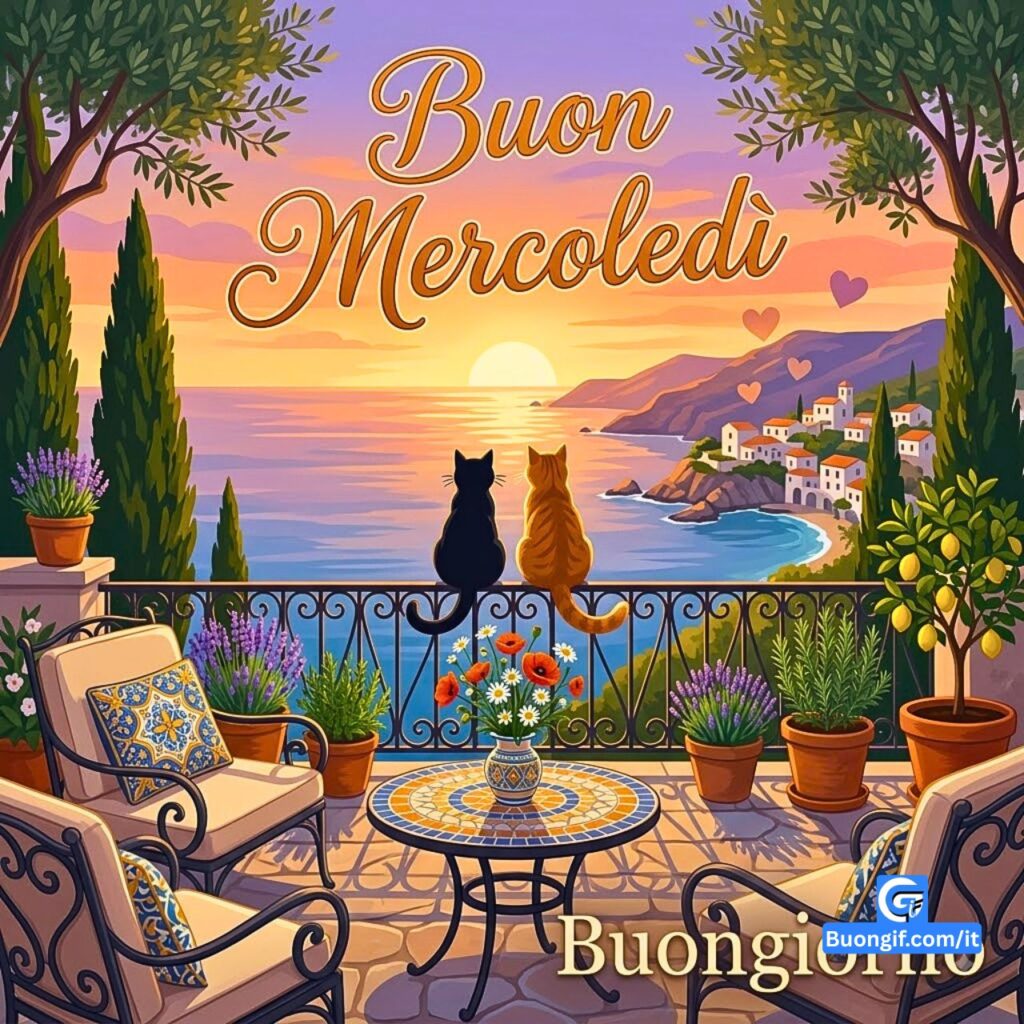 Due gatti ammirano il tramonto da una terrazza mediterranea fiorita con la scritta Buon Mercoledì.