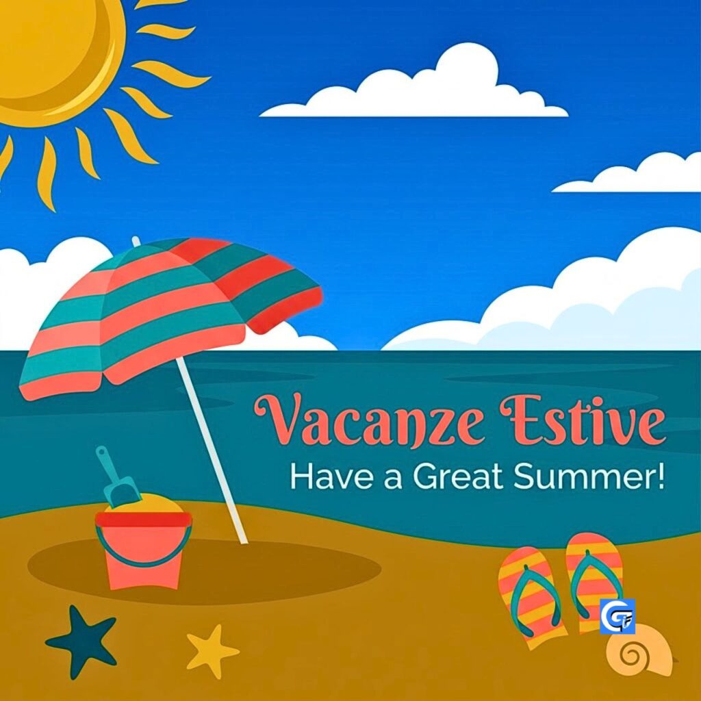 Illustrazione di spiaggia con ombrellone e testo Vacanze Estive Have a Great Summer!