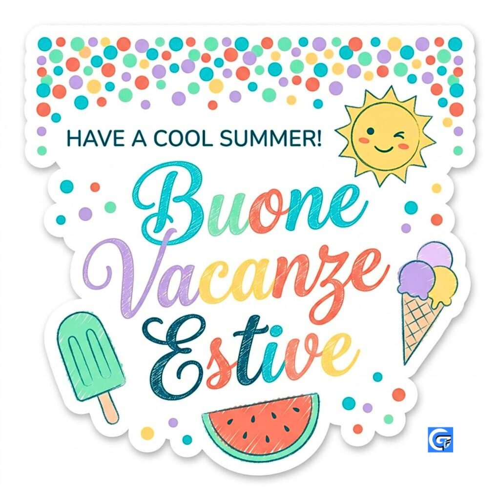 Sticker vector con sole winking, anguria, gelato e testo HAVE A COOL SUMMER!