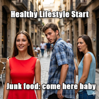 Distracted Boyfriend meme Healthy Lifestyle Start - Junk food: come here baby