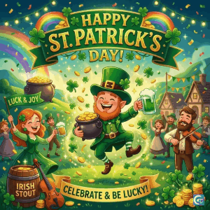 Happy St. Patrick&rsquo;s Day 2026 GIF with shamrocks, festive green theme and lucky Irish celebration vibes