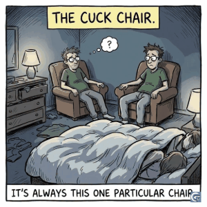 Cuck Chair meme GIF and images showing a person sitting in a chair awkwardly watching others, popular internet reaction meme used for third-wheel or left-out situations