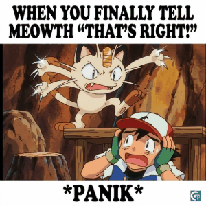 Meowth scratching Ash funny Pokemon meme GIF HD, savage anime reaction image with humorous expression and viral meme template