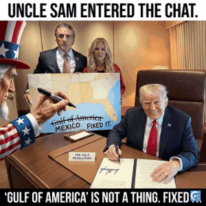 Gulf of America meme GIF and HD image template showing humorous and absurd internet joke with relatable chaotic expression