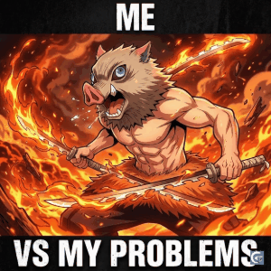 Demon Slayer Inosuke funny meme GIF showing wild anime character with chaotic expression and humorous reaction