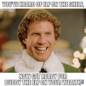 funny elf meme template with exaggerated happy expression, festive reaction gif and hd image for social media humor