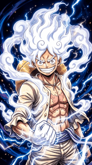 Luffy Gear 5 live wallpaper GIF in 4K resolution featuring dynamic anime transformation with glowing effects and high-energy visuals from One Piece