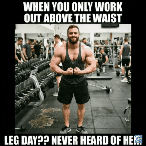 Skipping leg day meme showing muscular upper body with tiny legs, funny gym meme template in HD and GIF format
