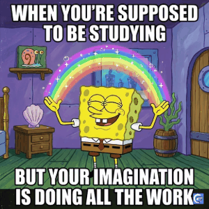 SpongeBob imagination meme template with rainbow gesture showing creative or exaggerated thinking funny reaction image