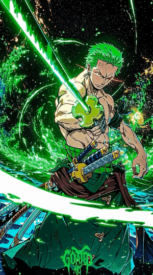 Zoro live wallpaper HD GIF showing anime swordsman in dynamic action pose with glowing effects and high quality animated background