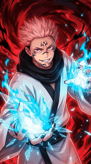 Sukuna live wallpaper in 8K and 4K resolution with intense cursed energy aura, high-quality anime GIF featuring dark aesthetic and powerful expression