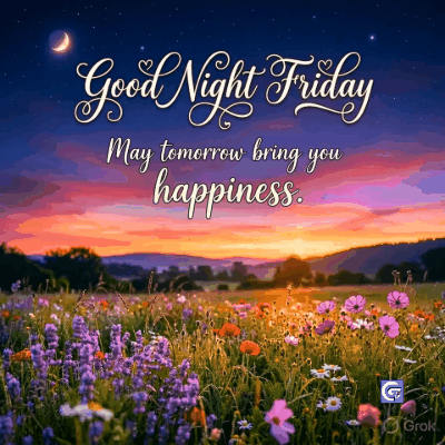 Serene good night Friday GIF and images showing a tranquil night sky with soft glowing moon, stars, and peaceful lights, perfect for sharing relaxing weekend wishes and beautiful good night moments