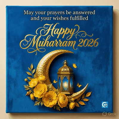 Beautiful Happy Muharram wish wallpaper featuring elegant Islamic calligraphy, soft lanterns, crescent moon, and serene night sky conveying peace, blessings, and new beginnings