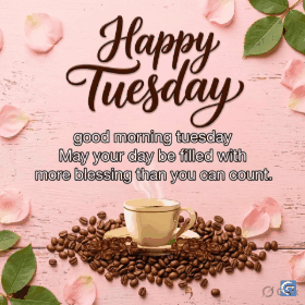 Vibrant HD 4K good morning happy Tuesday image with bright sunrise, fresh flowers, and uplifting text for a positive and cheerful start to the day