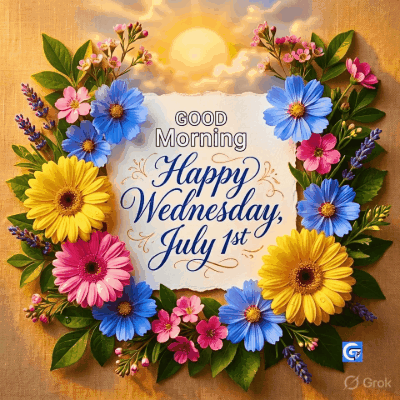 Happy Wednesday July 1 images featuring colorful motivational quotes, adorable GIFs, and warm positive message photos perfect for sharing midweek inspiration and good vibes