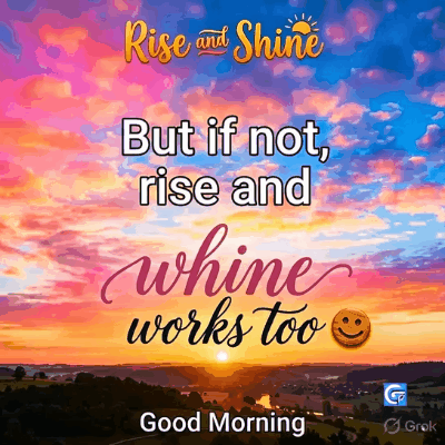 Funny good morning poster featuring vibrant images and animated GIFs of humorous sleepy characters, coffee mishaps, and cheerful morning moments designed to bring smiles and positive energy