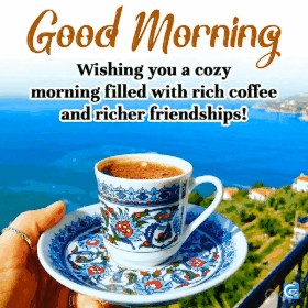 Stunning good morning coffee GIF in crisp 4K HD resolution featuring a steaming cup of coffee with soft sunrise light and warm cozy vibes for