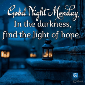 Peaceful Good Night Monday GIF showing a glowing crescent moon and soft twinkling stars over a tranquil night landscape, perfect for downloading and sharing calming bedtime wishes and sweet dreams
