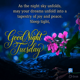 Serene good night Tuesday GIF showing a tranquil night sky with soft glowing moon, twinkling stars, and gentle clouds, perfect for peaceful evening wishes and restful sleep