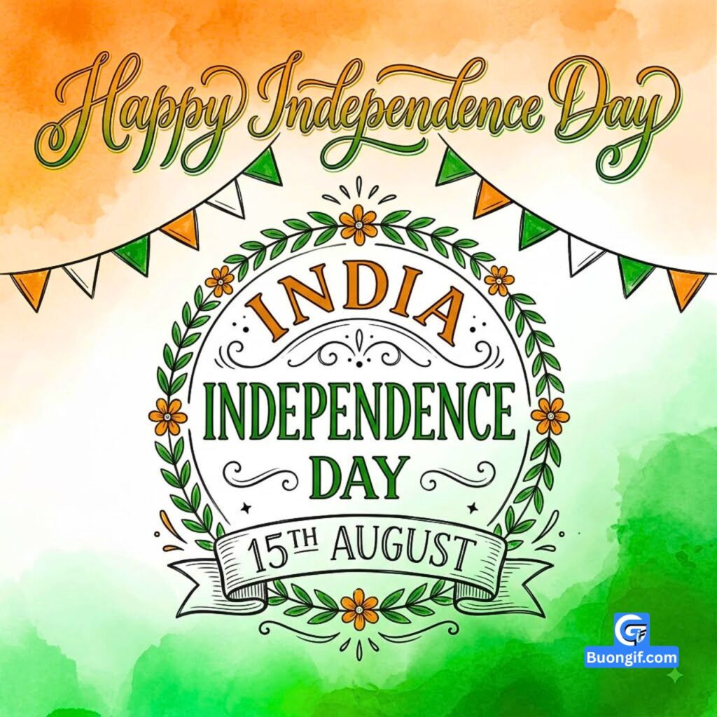 Floral wreath emblem with text India Independence Day 15th August on a watercolor flag background.
