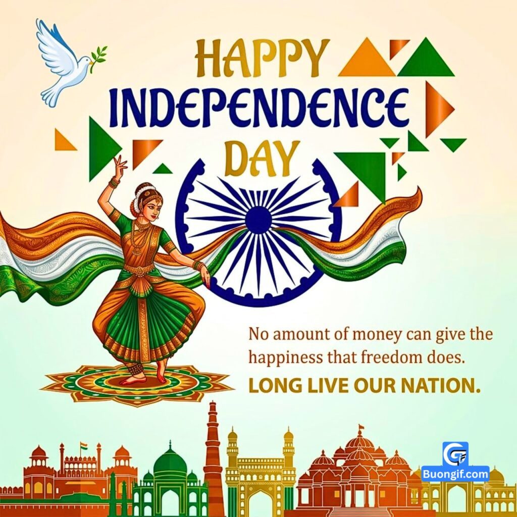 Classical dancer with swirling flag, Ashoka Chakra, and Happy Independence Day text