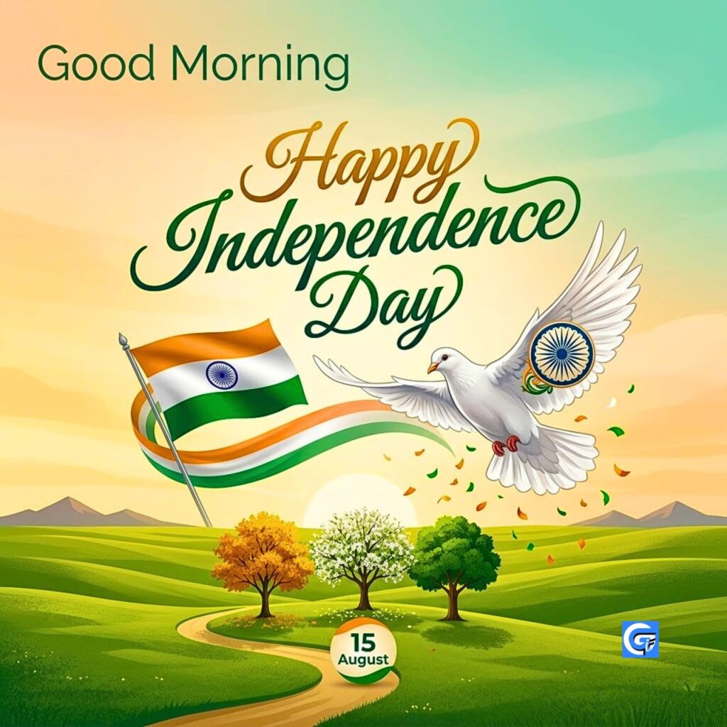 Large elegant text Happy Independence Day above a dove, Indian flag, and trees for 15 August.