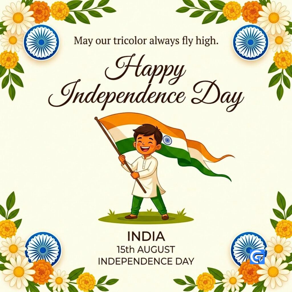 Joyful boy holding Indian flag surrounded by marigolds, text Happy Independence Day, 15th August.