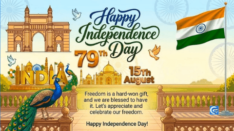 India 79th Independence Day banner with Gateway of India monument and flag