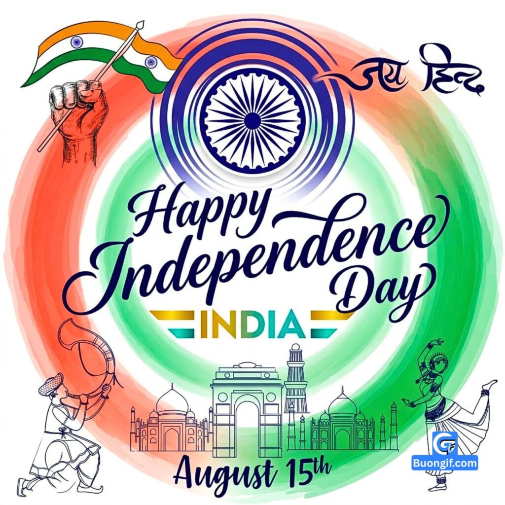 Happy Independence Day greeting with Indian flag, landmarks, and August 15th text.