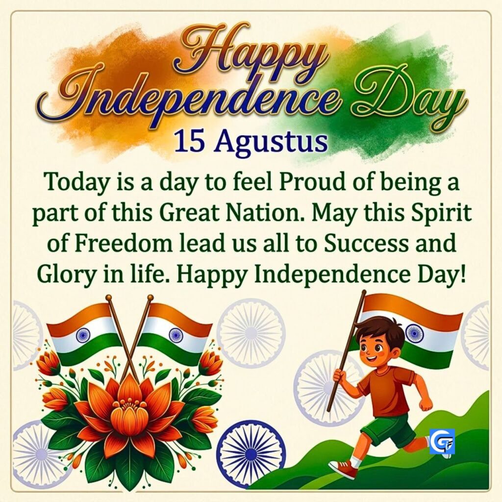 Indian flags, lotus, running boy, Happy Independence Day, 15 Agustus, and text block on tricolor.
