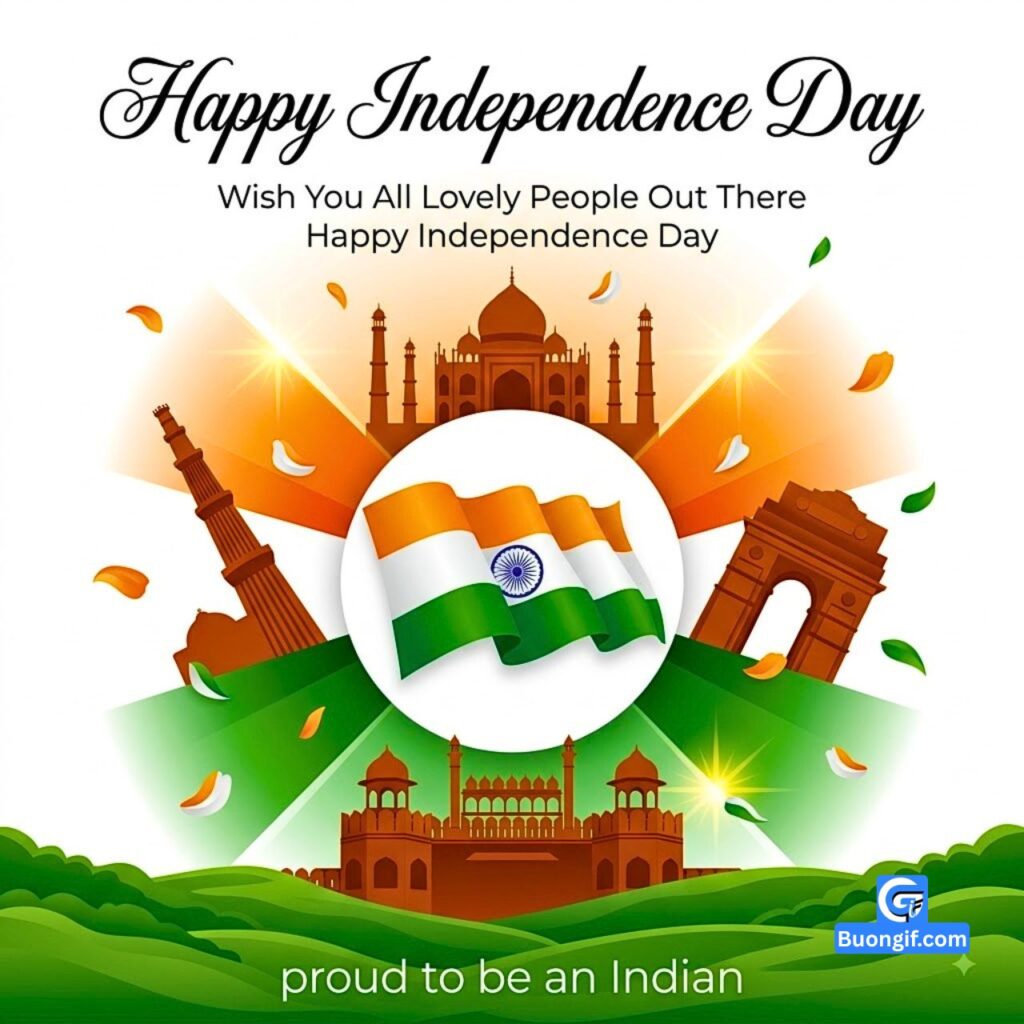 Central waving Indian flag, tricolor bursts, monuments, and Happy Independence Day text with proud phrase.