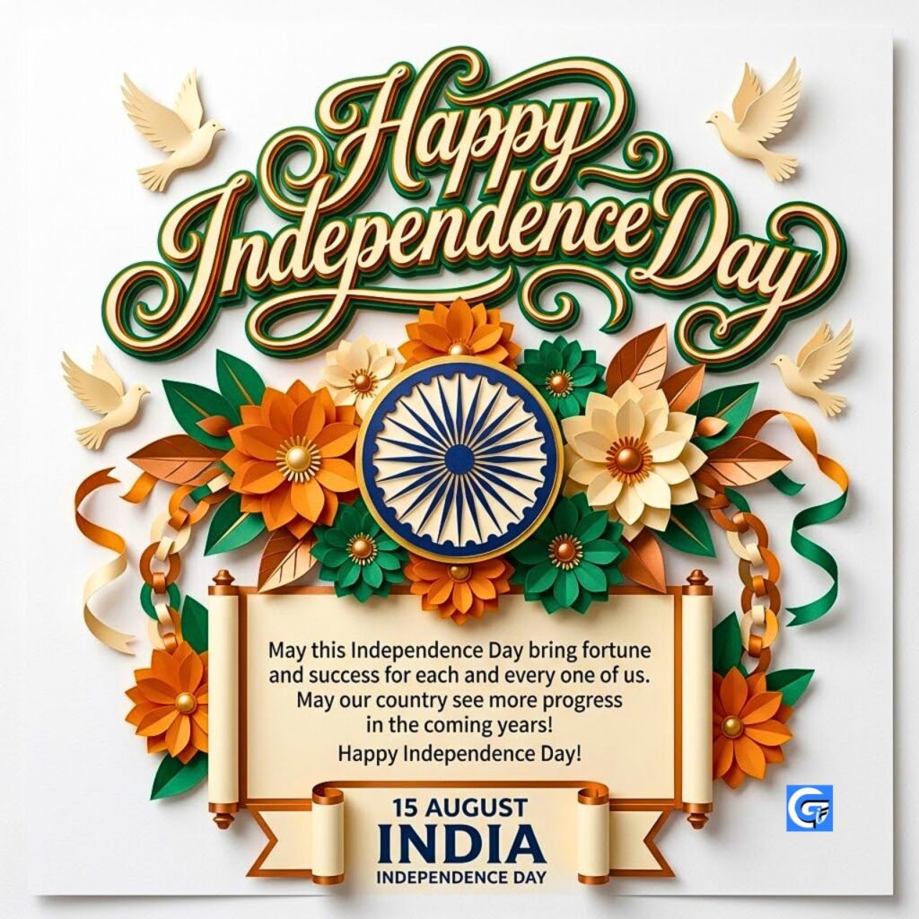 Intricate paper cut flowers, doves, Ashoka Chakra and calligraphic text reading Happy Independence Day.
