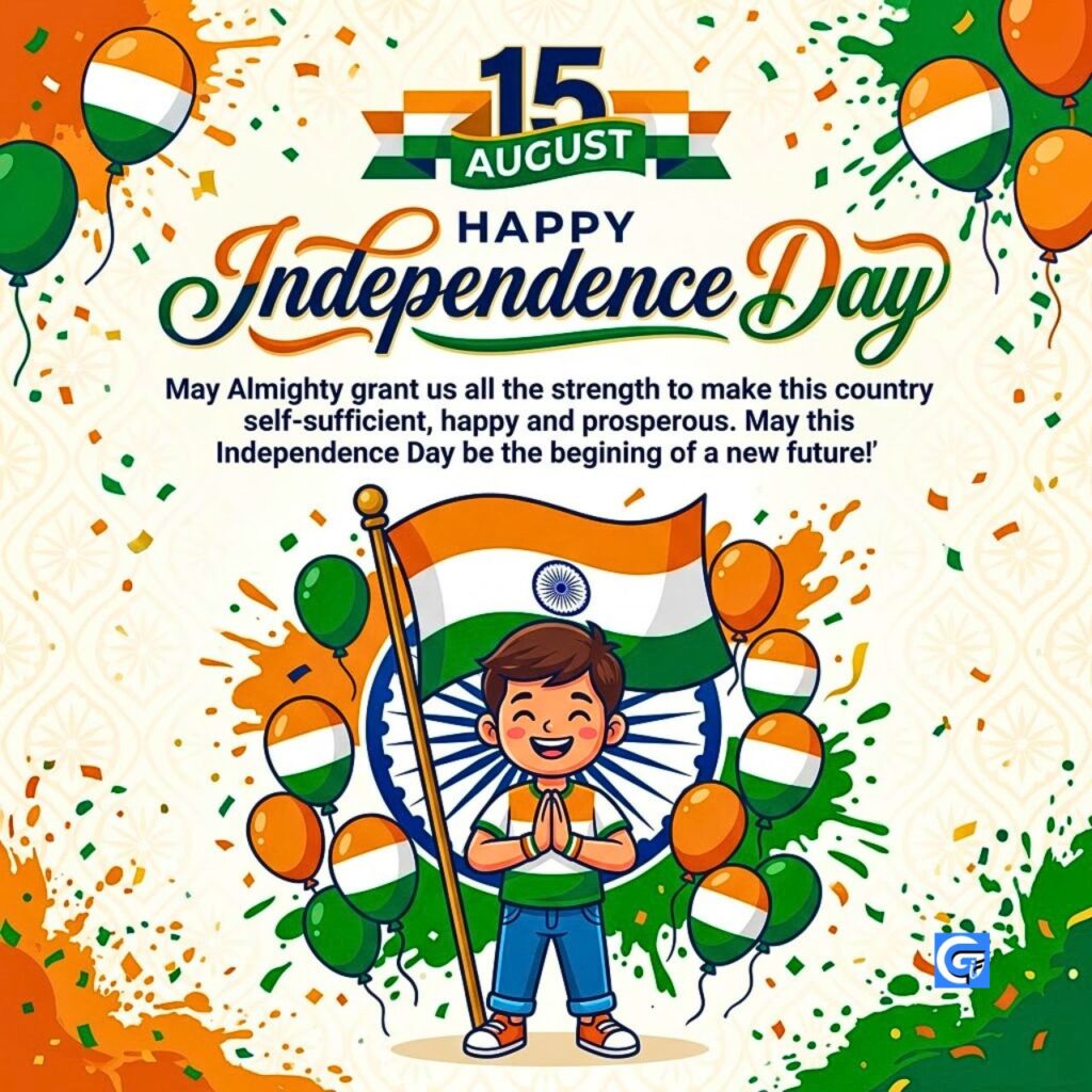 Happy Independence Day 15 August poster with boy, Tiranga flag, balloons, and confetti.