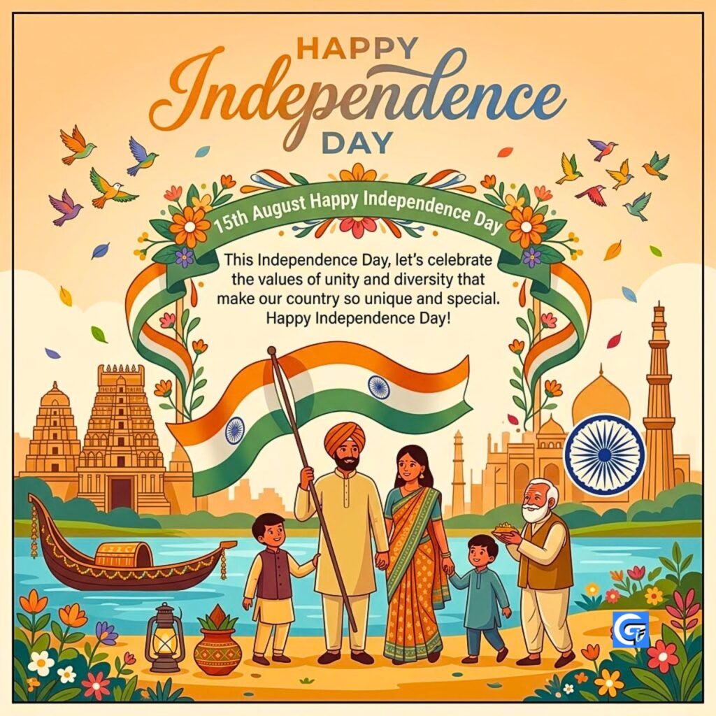Indian family holding a flag by the river with text HAPPY Independence DAY.