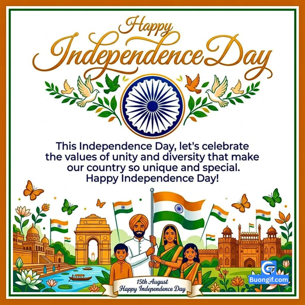 Illustrated banner for Independence Day with a family and historical Indian monuments.