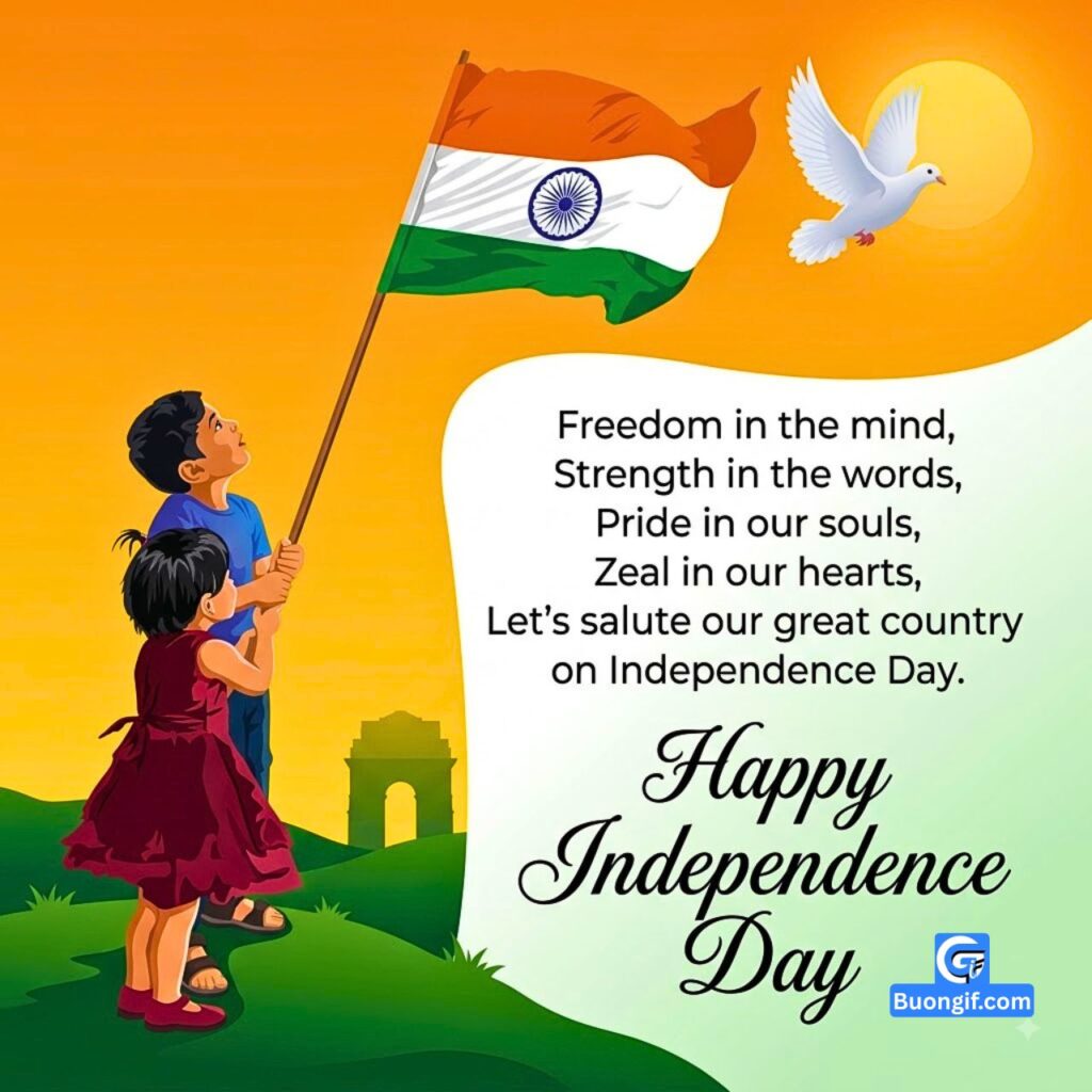Children saluting the Indian flag with exact text Happy Independence Day and salute quote.