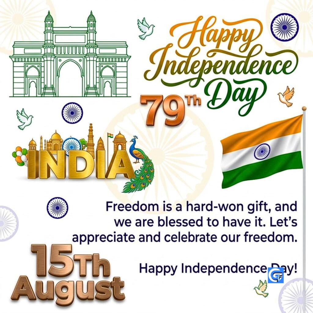 Graphic poster for India's 79th Independence Day with Gateway of India, flag, and peacock.