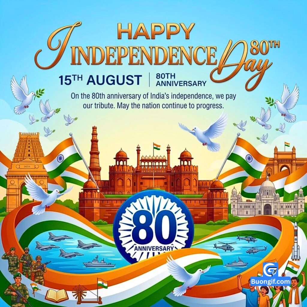 India's 80th Independence Day poster with monuments, military, and '80th Anniversary' text.
