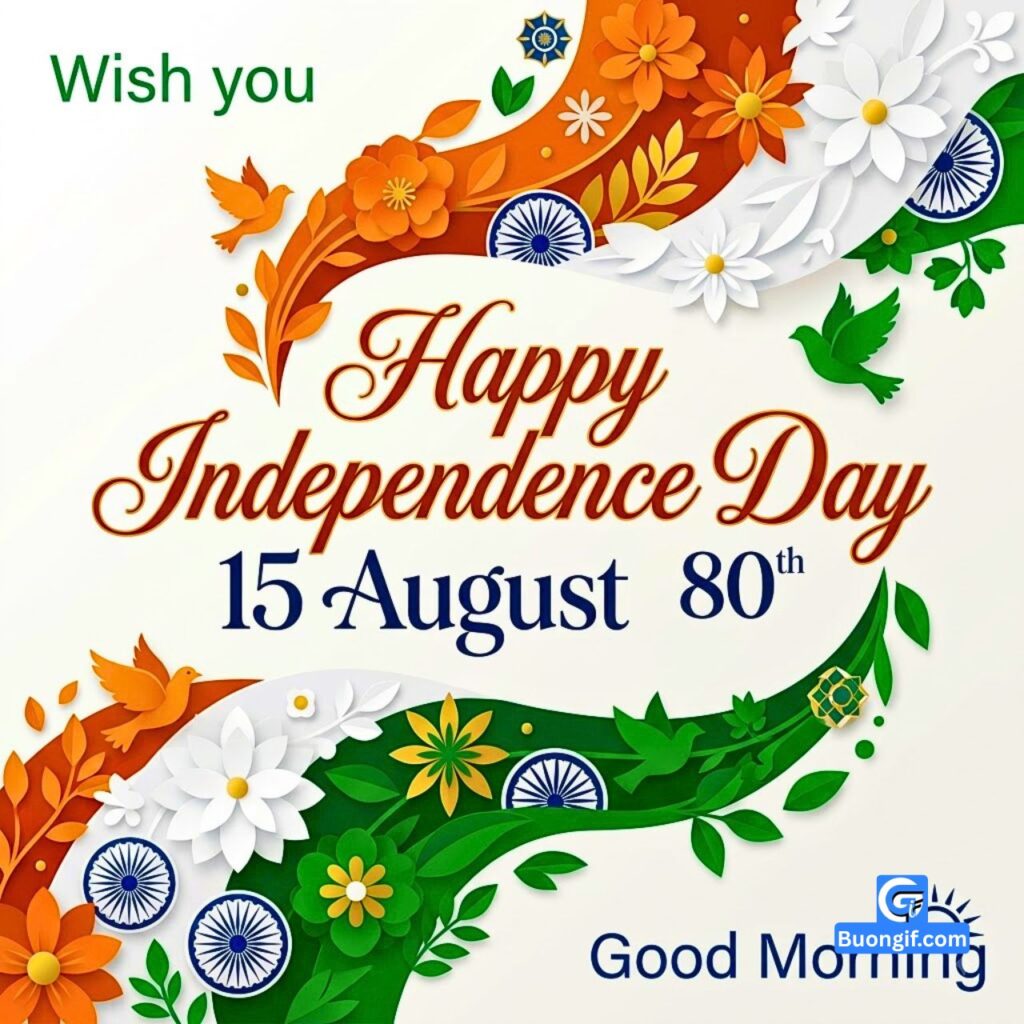 Tricolor paper-cut flowers, birds, Ashoka Chakras, and text: Wish you Happy Independence Day 15 August 80th Good Morning.