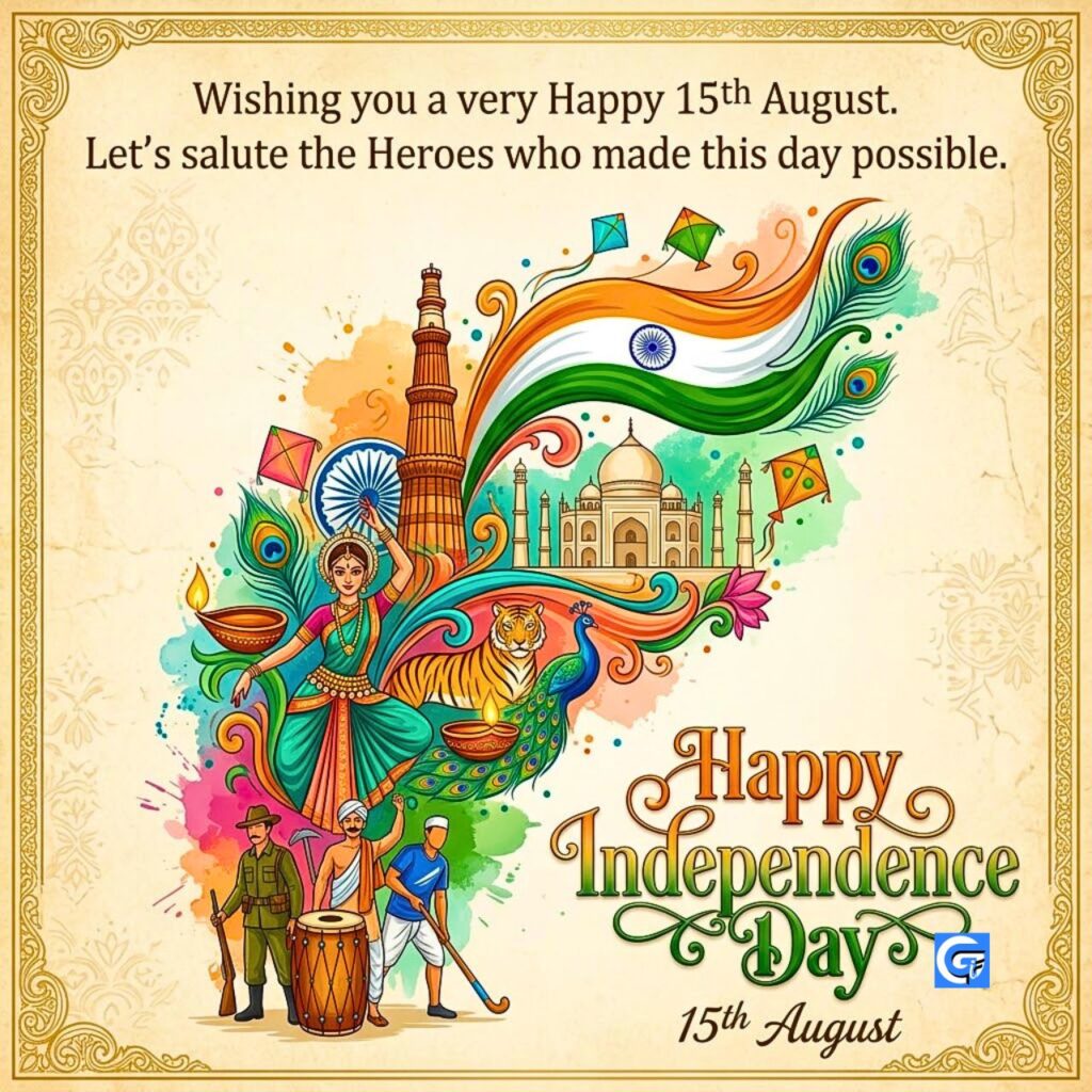 India Independence Day illustration with monuments, flag, dancer, texts Wishing you 15th August and Happy Independence Day.