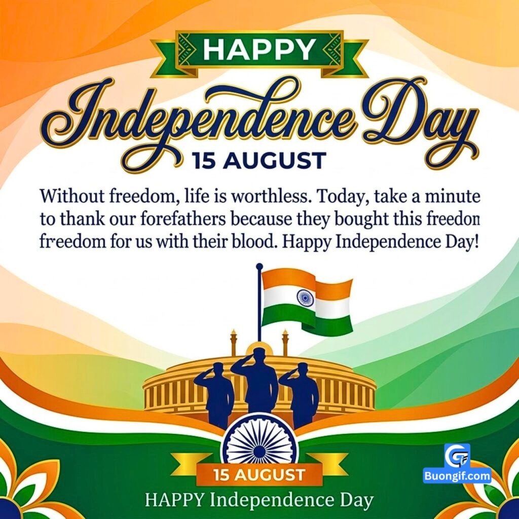Vector square greeting card with large script HAPPY Independence Day and full quote text.