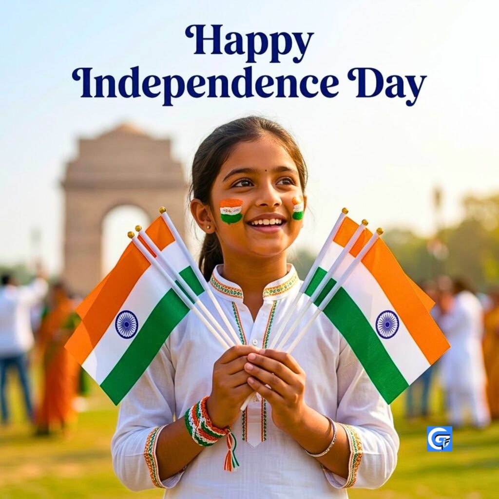 Young girl fanning several Indian flags with tricolor cheek paint and Happy Independence Day text.