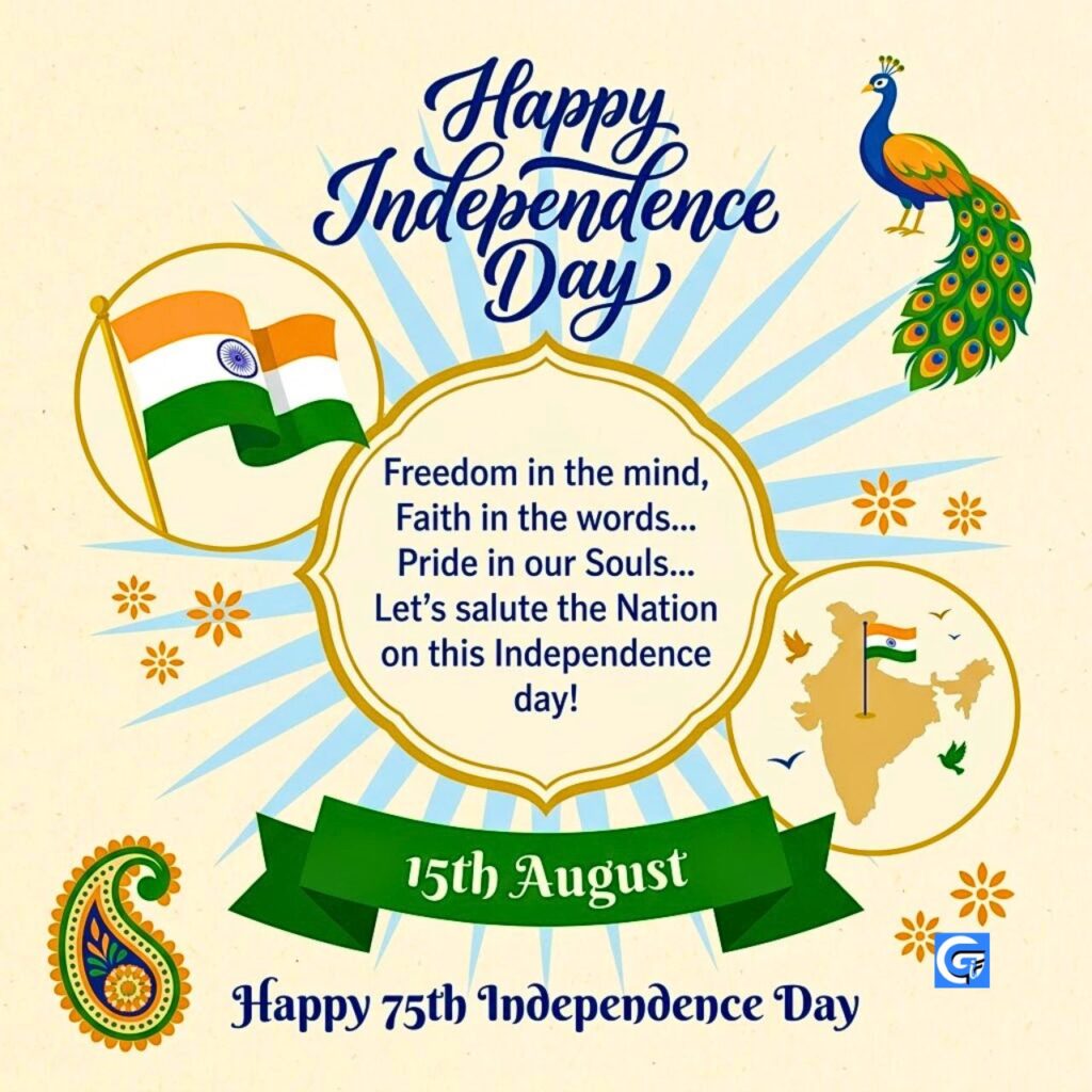 Vector illustration with framed Indian flags, peacocks, quote and 'Happy Independence Day' calligraphic text.