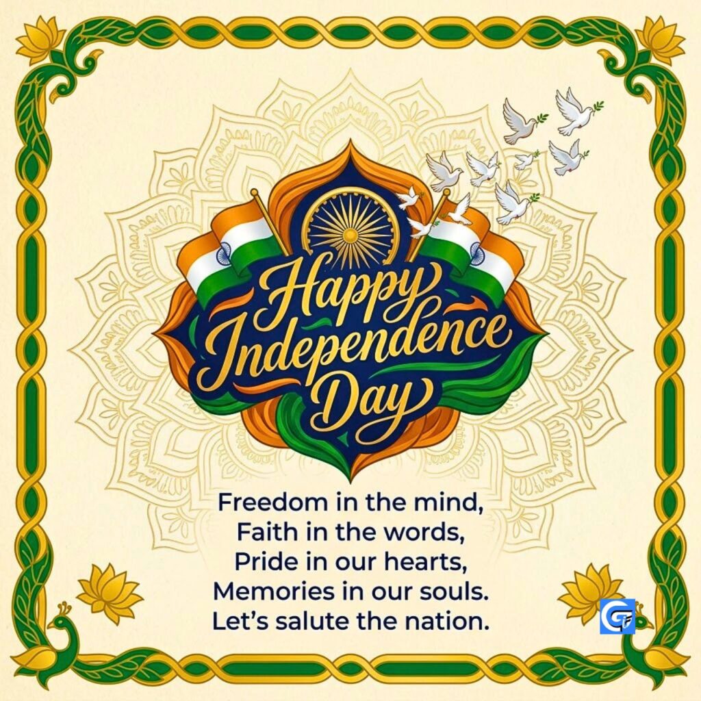 Ornate circular crest and flock of colored doves, with text Happy Independence Day and a poem.