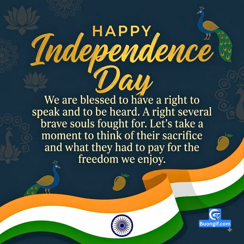 Gold script Happy Independence Day text over a message of freedom, with the Indian flag.