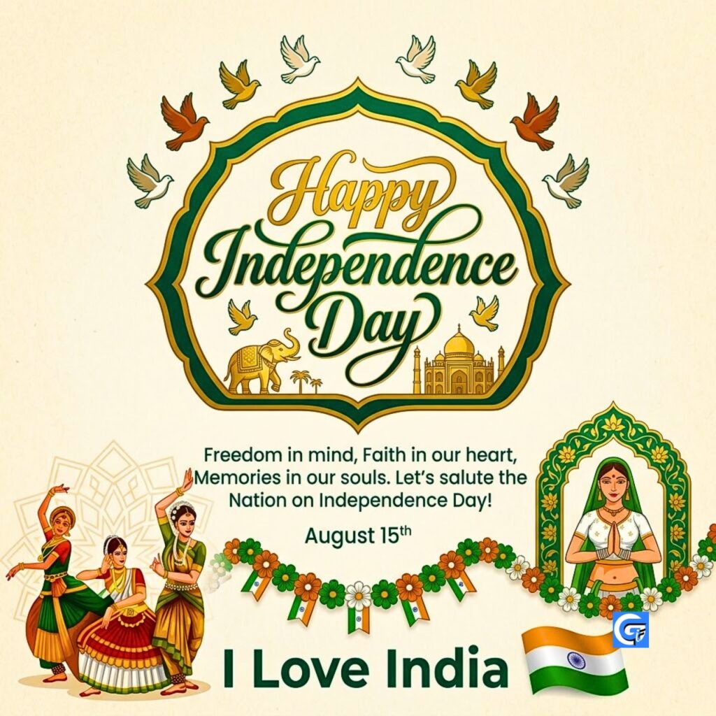 Stylized doves and a flag crest with the text Happy Independence Day and a poem