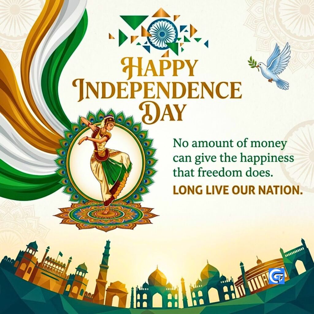Happy Independence Day poster featuring a classical dancer, tricolor flag colors, and text: "Happy Independence Day."